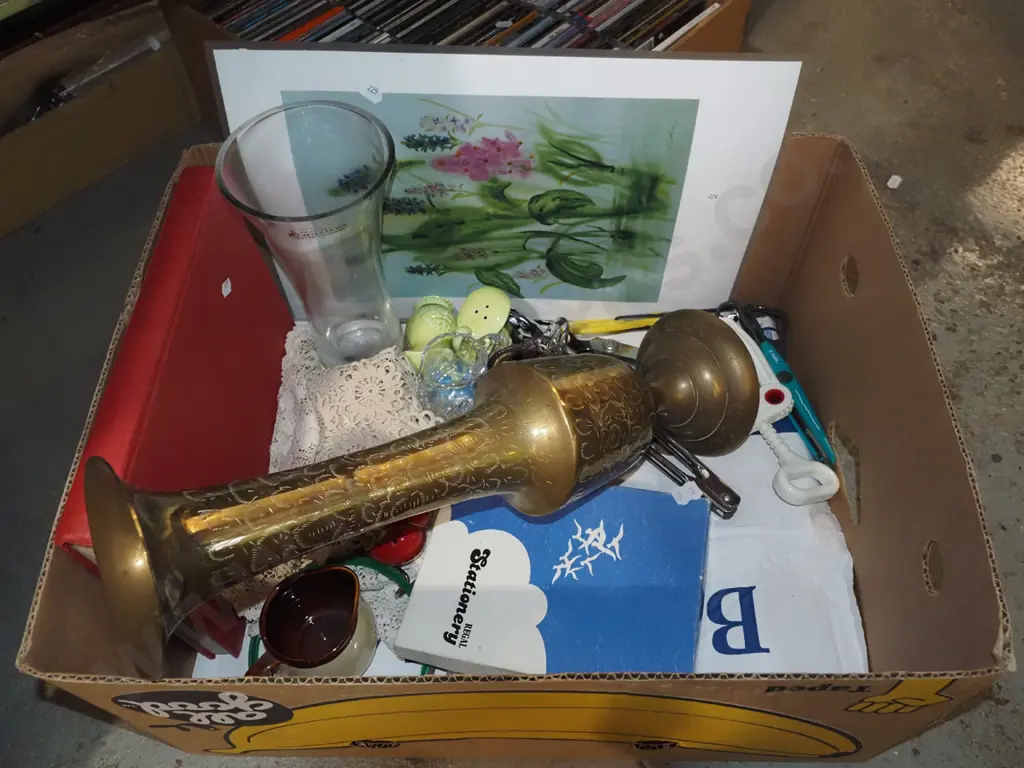 box; tall glass vase H-460, glass milk jug, unframed print etc  Image 1++