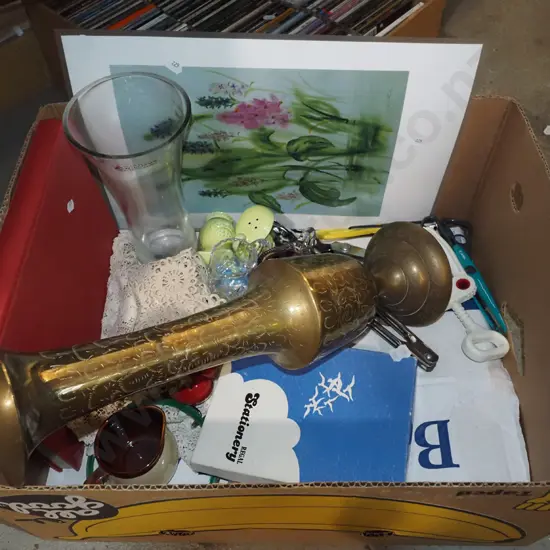 box; tall glass vase H-460, glass milk jug, unframed print etc 