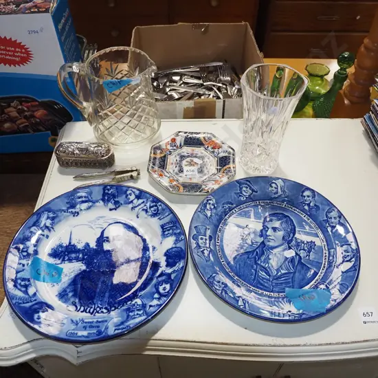 cut crystal jug, vase, Royal Doulton plates etc - some items have chips