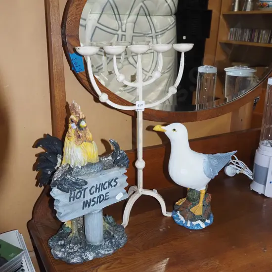 seagull figurine, chicken figurine, metal candelabra