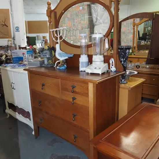 solid oak 5 drawer mirror back dresser H-1650 W-1065 D-470