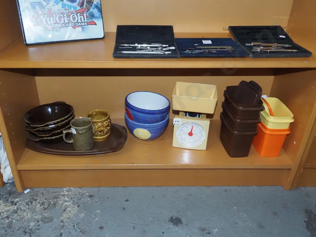 shelf; scales, storage canisters, cups, bowls etc Image 1++