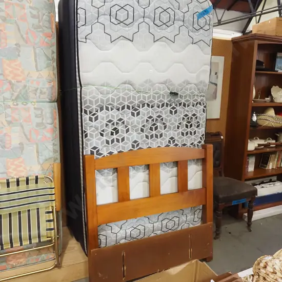 single bed base, mattress and pine headboard