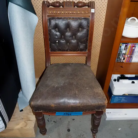 Victorian leather upholstered deep butttoned hall chair -needs attention