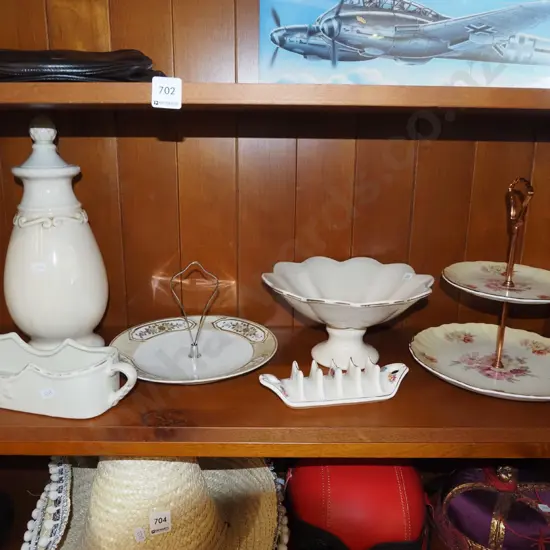 shelf; cake plates, vases, comports etc