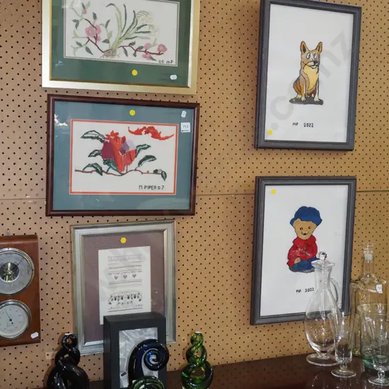 4x framed needleworks - yellow dots