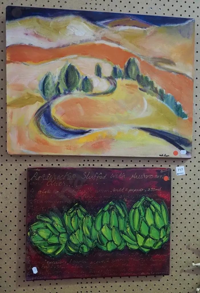 2x oils - artichokes, landscape - red dots Image 1++