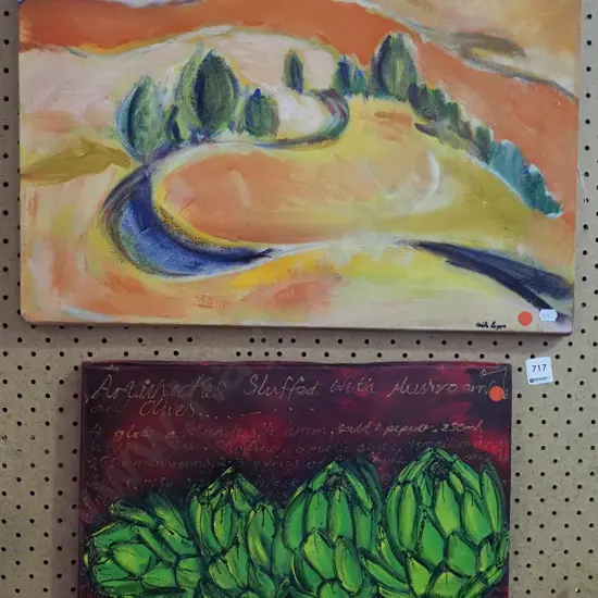 2x oils - artichokes, landscape - red dots