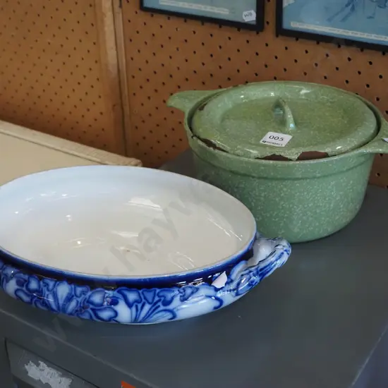 green speckled enamel cast iron casserole, flow blue vege dish