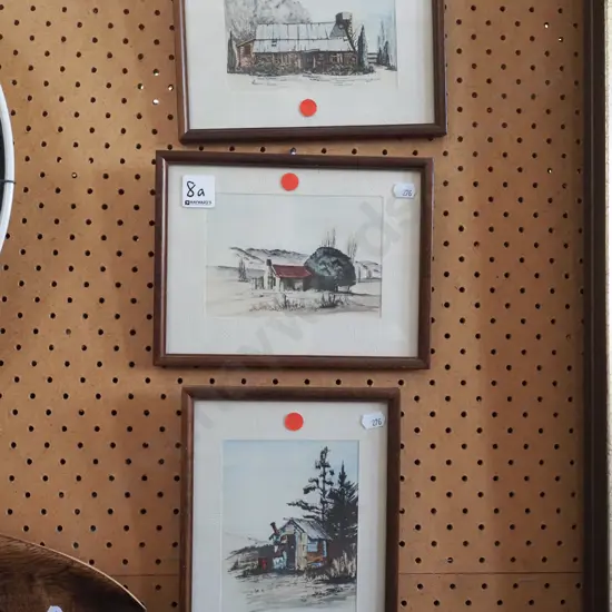 3x Yvonne Benson hand coloured prints - orange dots