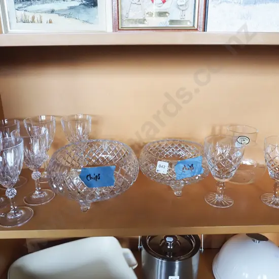 shelf; crystal bowls - small chips, wine glasses, Bohemian crystal vase