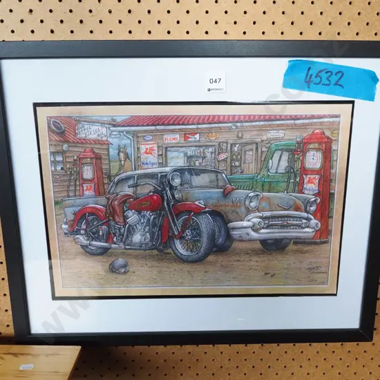framed print - motorbike, car, garage