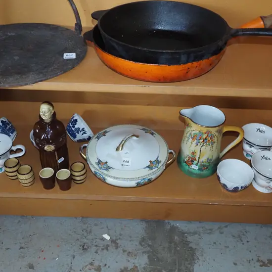 shelf; jug, lidded vege, monk decanter etc