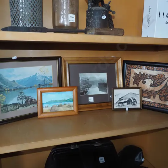 shelf; small tapa cloth, watercolours, prints