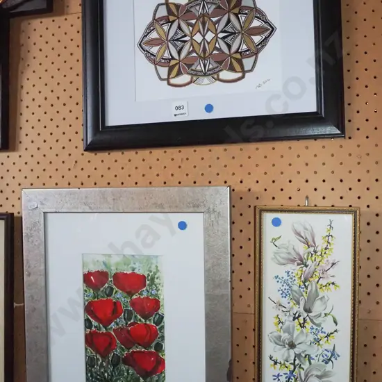 2x framed prints, framed watercolour - blue dots