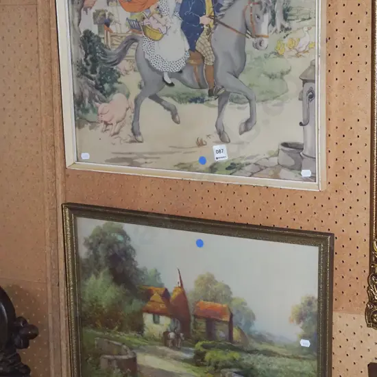 2x framed prints - oast house, couple on horse - blue dots