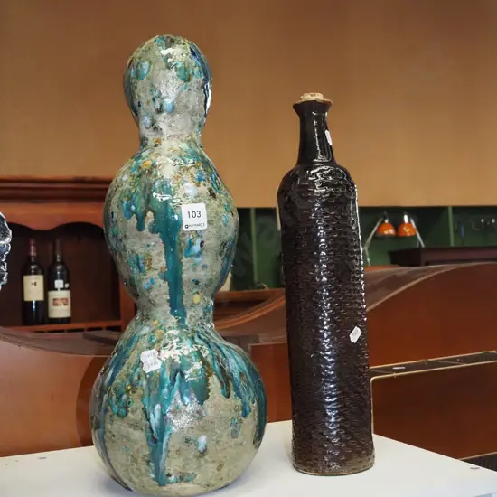tall pottery bottle, trickle glazed sculpture H-460