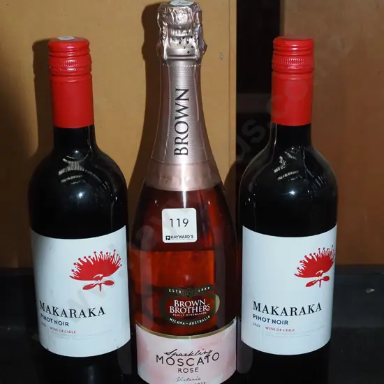 3 bottles of wine - 2 Makaraka 2020 pinot noir and a Brown Brothers 2022 rose
