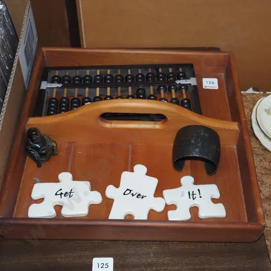 wooden handled rimu tray, abacus, bracelet etc