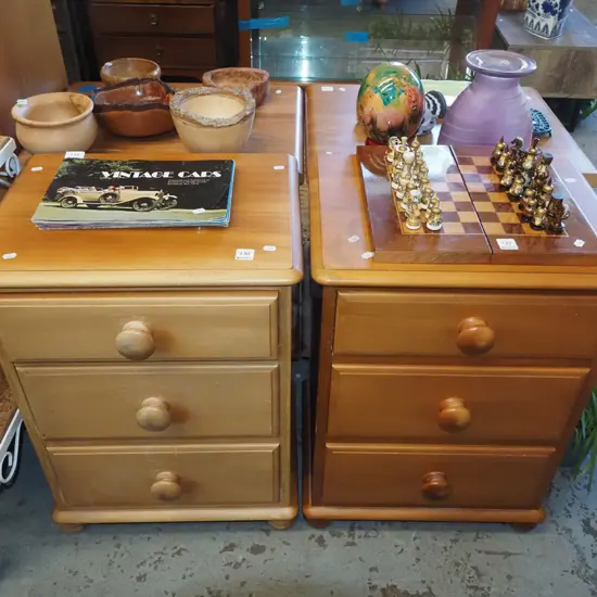 pair of solid rimu 3 drawer bedside cabinets - 1 has fading