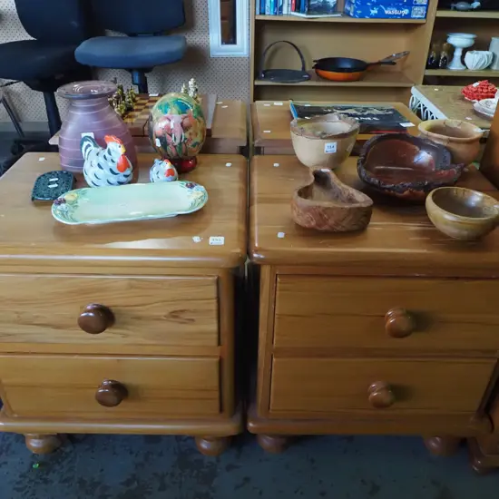 pair of solid rimu 2 drawer bedside cabinets - varnish needs attention
