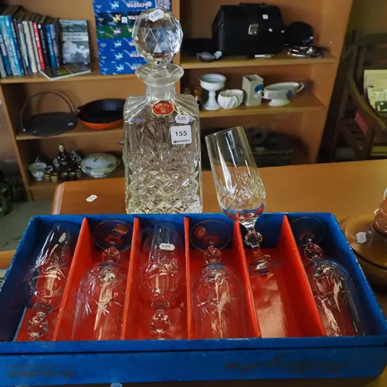 Bohemian crystal decanter, boxed champagne flutes