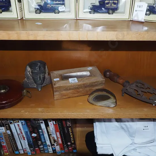 shelf; trivet, vintage builder's tape, presentation box etc