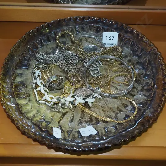 studio pottery plate, costume jewellery; bangles, earrings etc