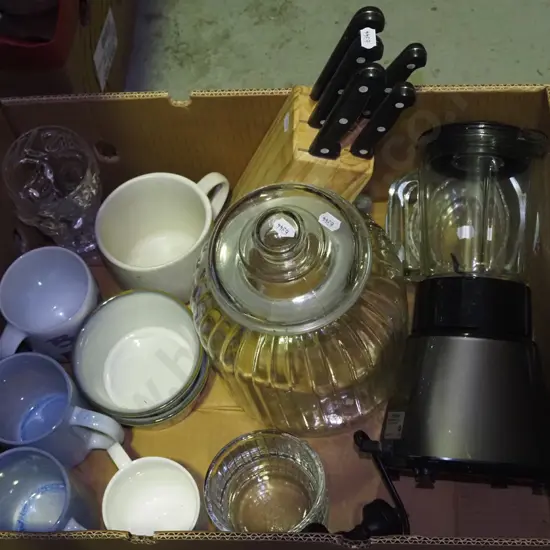 box; blender, glass storage jar, cups etc