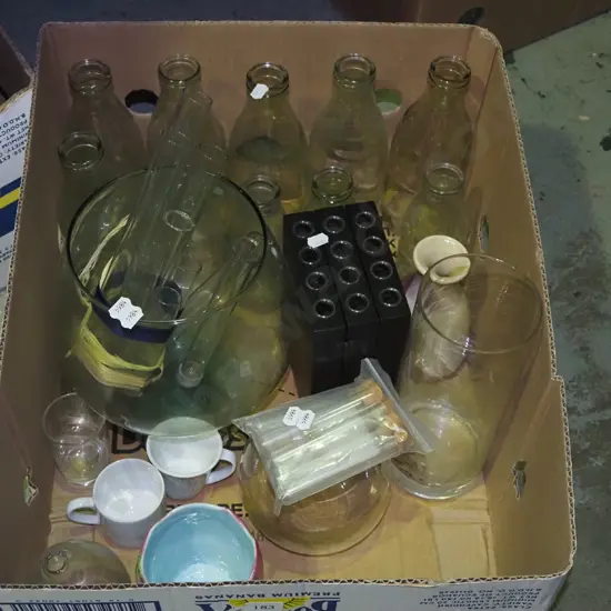 box; milk bottles, lab glass ware etc