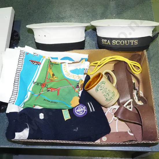 box; sea scout hats, belts, jersey etc