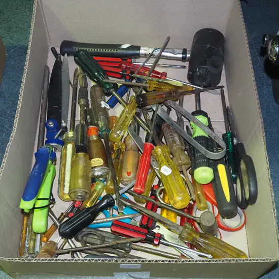 box; screwdrivers, rubber mallet etc