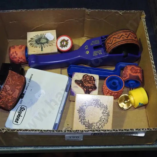 box of rubber stamps