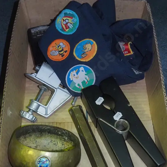 box; small radio, girl guide sash, hobby vice etc