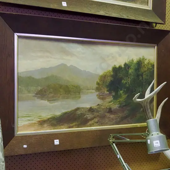 large oak framed colonial oil on board - lake, mountain scene Overall H-730 W-1140 