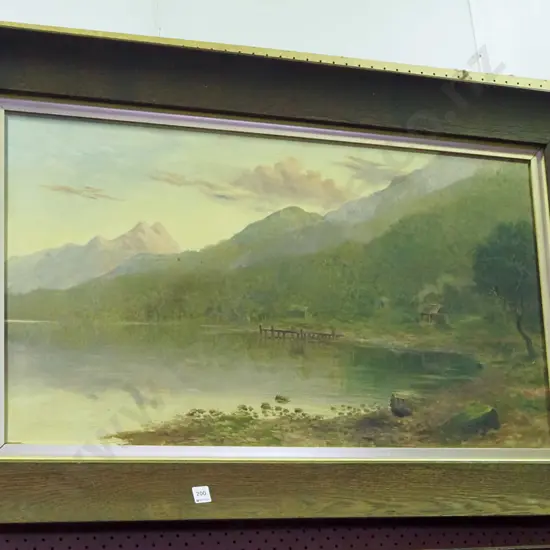large oak framed colonial oil on board - jetty, village scene  scene Overall H-730 W-1140 