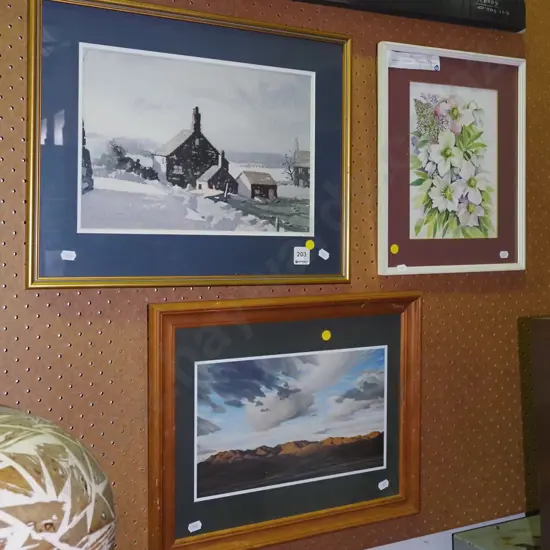 2x framed watercolors, Grahame Sydney print - Maniototo - yellow dots