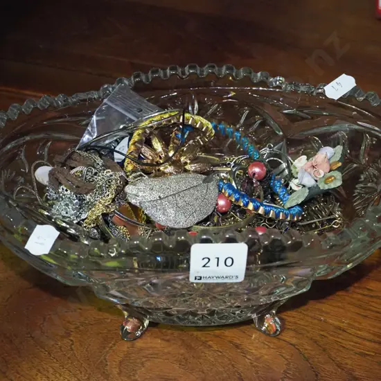 glass footed bowl, costume  - jewellery; brooches, bangles etc