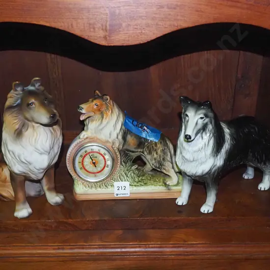 2x ceramic Collie dogs,  mantle clock - crack