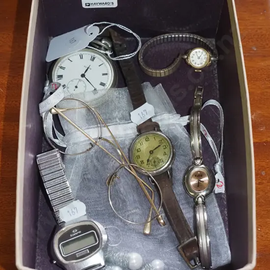 box; watches, earrings etc