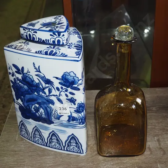 amber glass bottle, blue and white triangular ginger jar H-260