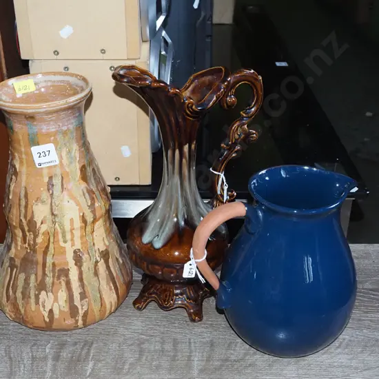 studio pottery vase, ewer vase, blue handled terracotta jug Tallest H-320