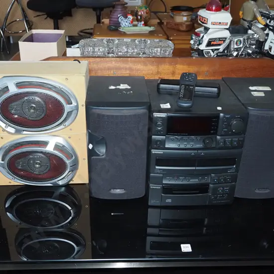 Pioneer stereo system with twin cassette, CD and tuner, 2x Sony car speakers in mdf boxes