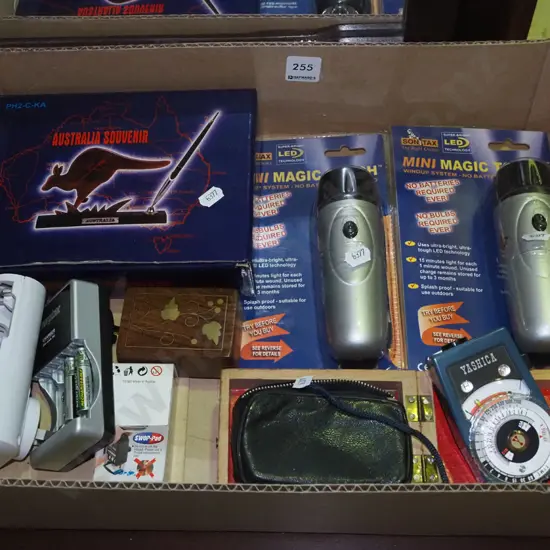 box; torches, light meter, Australian souvenir etc