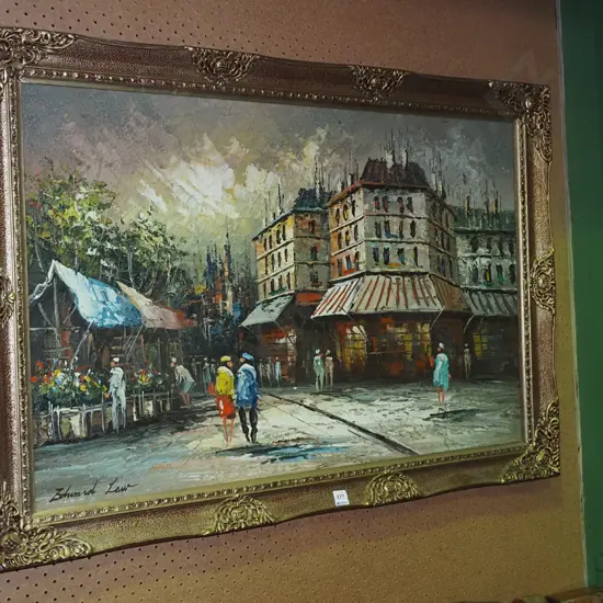 large gilt framed oil on canvas - Parisian street scene H-730 W-1040
