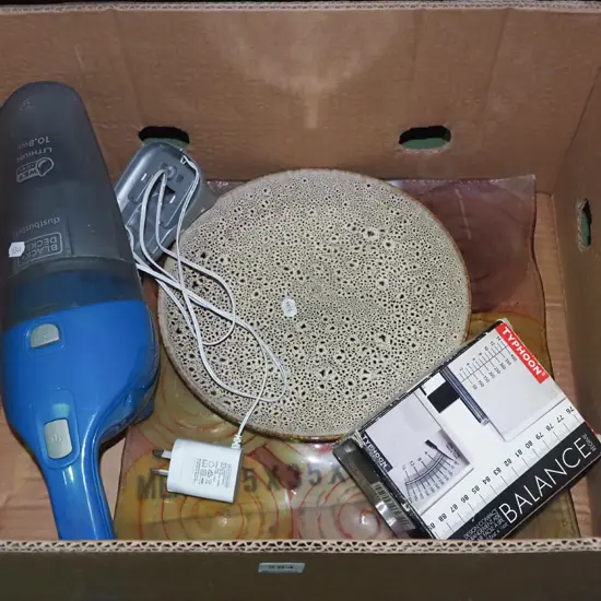 box; Black & Decker dust buster, kitchen scales etc