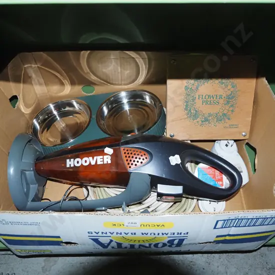 box; Hoover hand held vac, extension cord, dog bowl etc