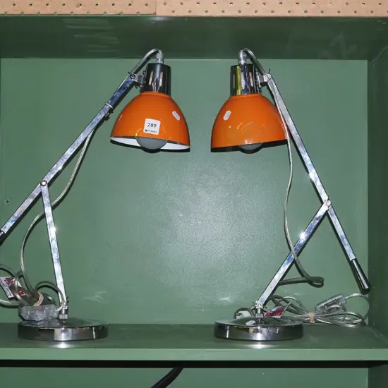 2x orange and chrome anglepoise lamps