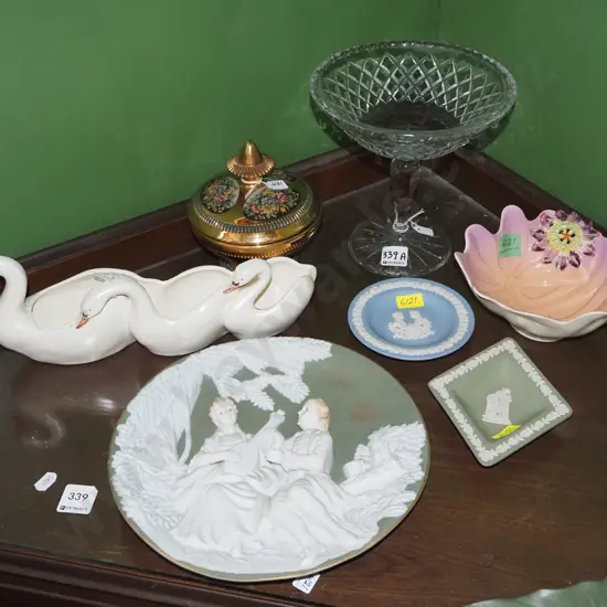 swan trough vase, crystal comport, Shorter & Sons bowl, jasperware etc