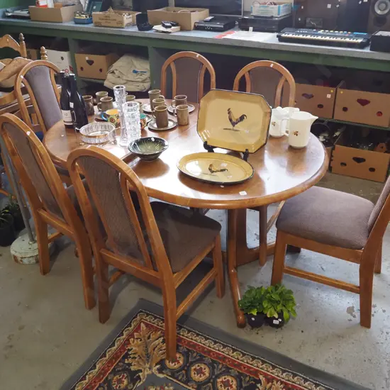 Indonesian extending rubberwood dining table with 6 high back chairs - slight scuffing to top